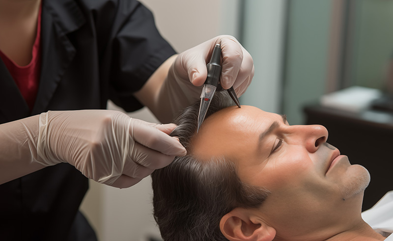 doctor taking measurements of a patient before hair transplant